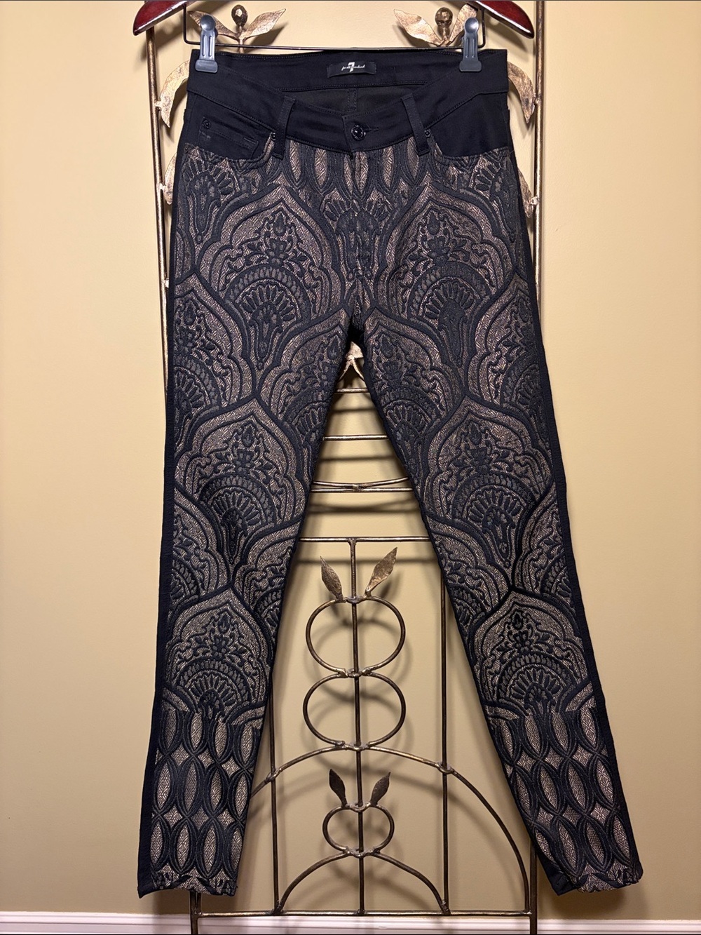 7 For All Mankind “The Pieced” Black and Gold Brocade Skinny Jeans